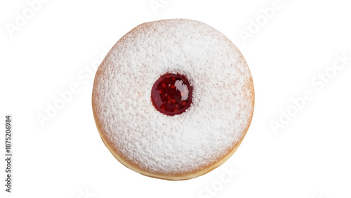 Powdered sugar donut with raspberry jam isolated PNG, sweet pastry with filling on transparent background for bakery and dessert concepts