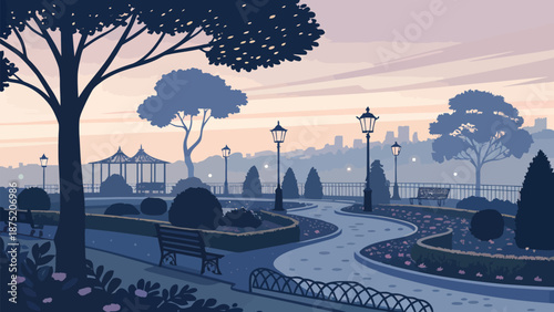 Serene city park at dusk with walking paths and street lamps