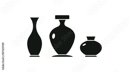 Three black silhouettes of vases on a white background