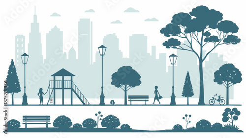 Serene urban park scene with city skyline and people enjoying nature