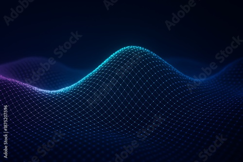 Abstract glowing digital wave mesh grid representing futuristic technology data visualization information flow and internet network connectivity in dark cyber blue background atmosphere