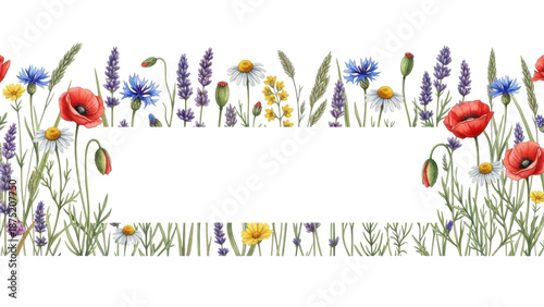 Floral summer horizontal pattern with wildflowers. Watercolor hand drawn isolated illustration border, meadow or floral background for your design.
