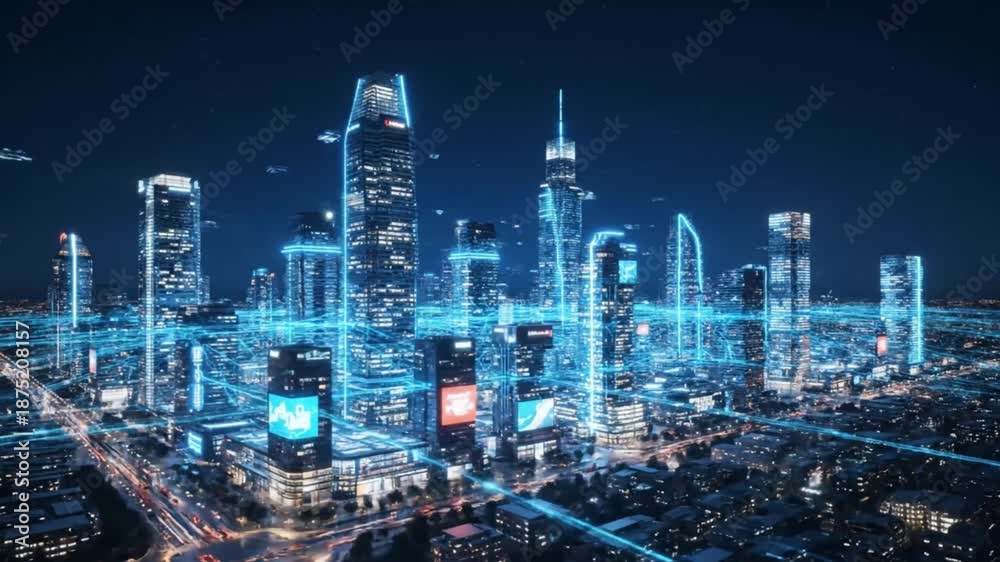 custom made wallpaper toronto digitalFuturistic Smart City Skyline with Blue Digital Network Overlay at Night