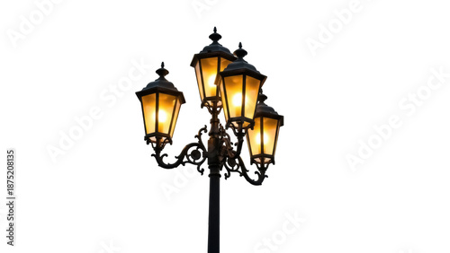 Billede på lærred Ornate black street lamp with four glowing lanterns isolated PNG, vintage outdoo