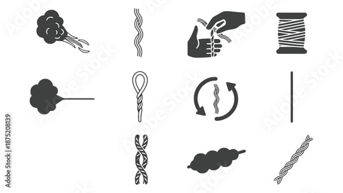 A collection of black and white icons depicting various types of threads and knots