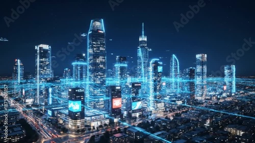 Wallpaper Mural Futuristic Smart City Skyline with Blue Digital Network Overlay at Night Torontodigital.ca