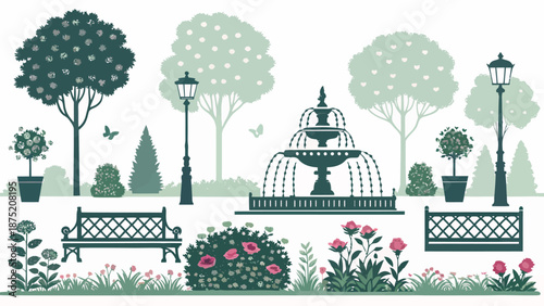 Serene park scene with fountain and benches in green hues