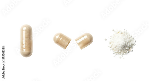 Beige capsule pills and powder, isolated on transparent background