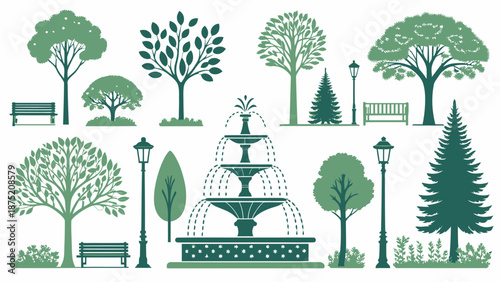 Serene park scene with fountain and lush greenery