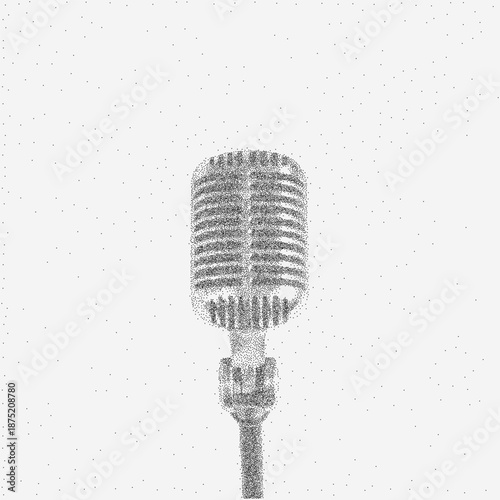 Drawing of a microphone with granular grain texture, scattered dust speckles and faint stains on aged paper with vintage imperfections.