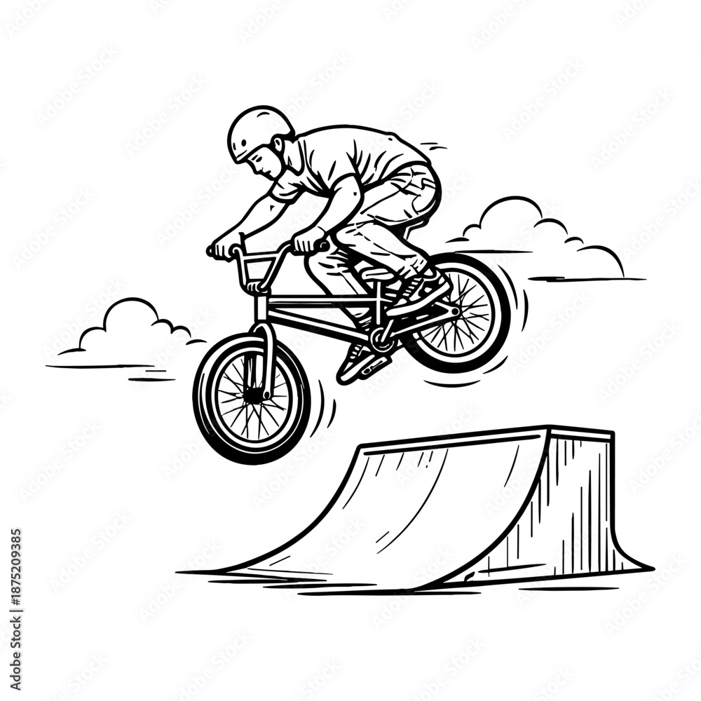 Fototapeta premium Illustration of a male BMX rider performing a high jump off a ramp. Vintage hand drawn line art style