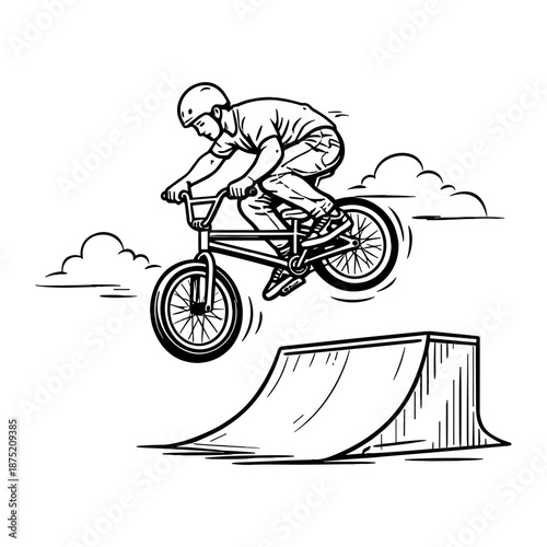 Illustration of a male BMX rider performing a high jump off a ramp. Vintage hand drawn line art style