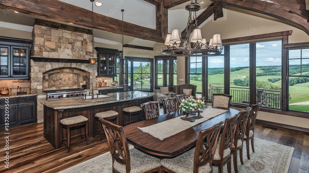 Fototapeta premium Luxurious dining area with a view, featuring wooden furniture and stone accents