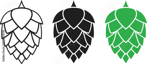 Green hops cone vector set with outline and silhouette styles for craft beer brewery label design and organic farming