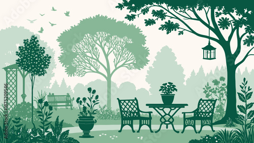 Serene garden scene with outdoor furniture and lush greenery