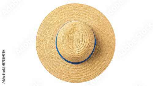 Schilderij op canvas Straw sun hat with blue ribbon isolated PNG on transparent background, summer fa