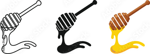 Honey dipper stick with dripping golden nectar vector set in outline silhouette and colorful flat styles for organic food design