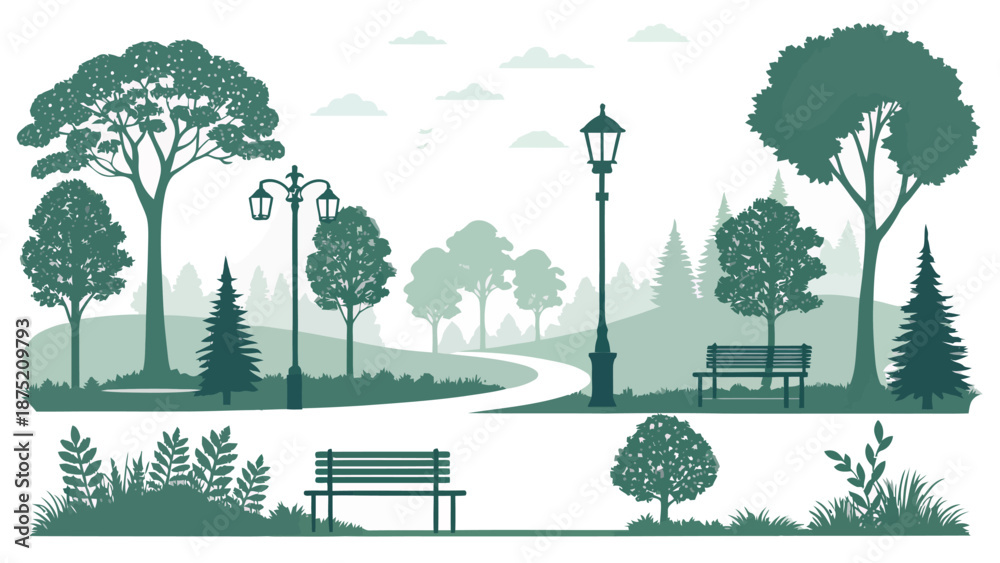 Obraz premium Serene park scene with benches and lush greenery landscape