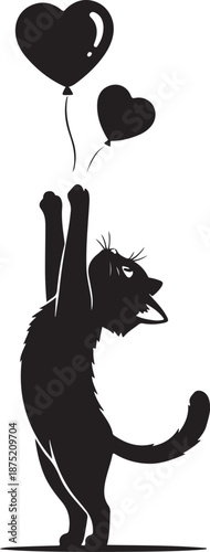 a black cat standing on its hind legs holding heart shaped balloons