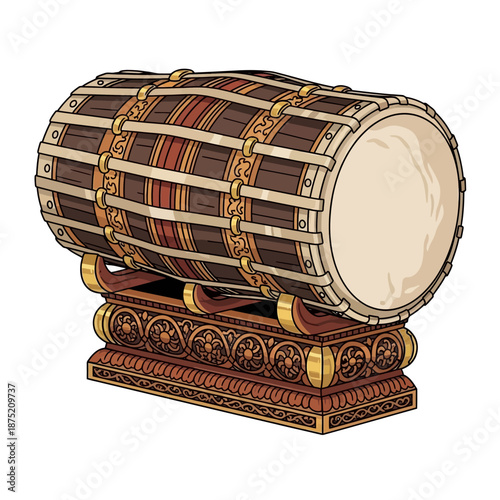 Vibrant illustration of a classic Sinhala traditional awurudu Sri Lanka drum, a cultural musical instrument with intricate patterns, perfect for celebrating heritage and festive occasions