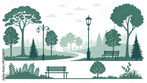 Serene park scene with benches and lush greenery landscape