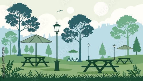 Serene park scene with picnic tables and lush greenery