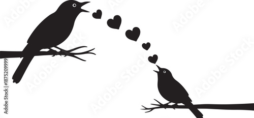 two black silhouetted birds on branches with hearts