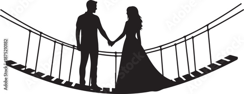 silhouette of a couple holding hands on a bridge