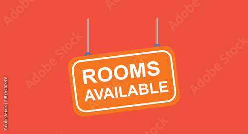 Orange and white sign with rooms available text hanging on red background