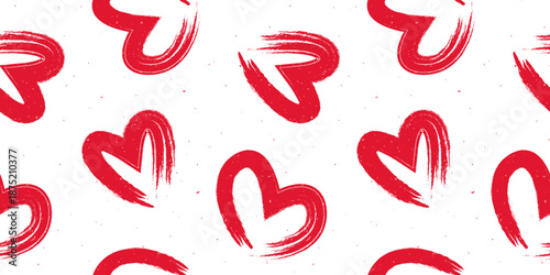 Hand drawn hearts seamless pattern with brushstroke texture on white background. Vector illustration.