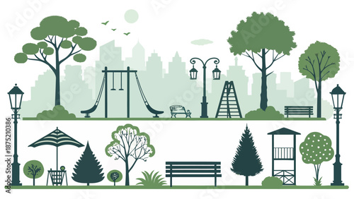 Serene urban park scene with playground and city skyline
