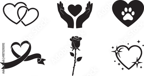 black and white heart and love themed silhouette icons