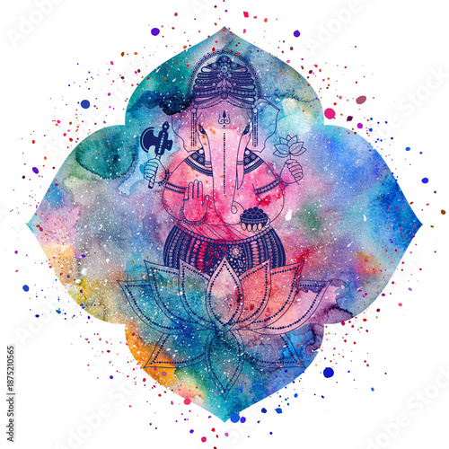 Ganesha, or Ganapati, silhouette in lotus flower, bright colorful pink and blue watercolor texture and paint splashes, mandala shape. Isolated illustration for prints, poster, printing and more.