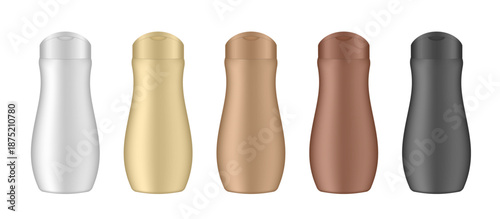 Set of white, beige, brown, and black cosmetic bottles. Realistic mockup. Korean packaging. Lotion or shower gel. Conditioner or hair mask