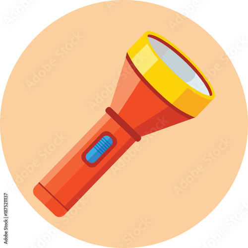 Red and yellow flashlight with blue switch emitting a bright orange light beam