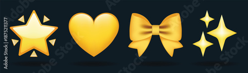 Yellow color heart, ribbon bow and golden stars vector emoji illustration