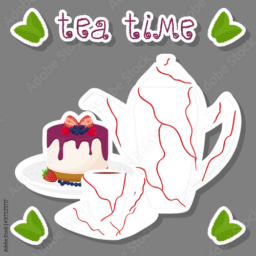 Teakettle for tasty tea with sweet dessert cheesecake,