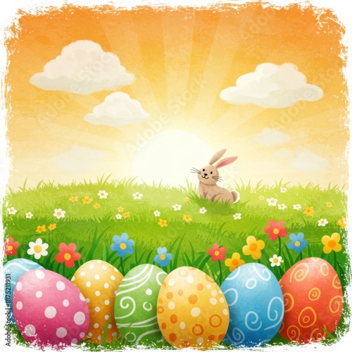 Easter Bunny in Sunrise Meadow with Colorful Eggs