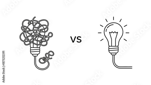 Innovative thinking concept with tangled versus clear lightbulb ideas