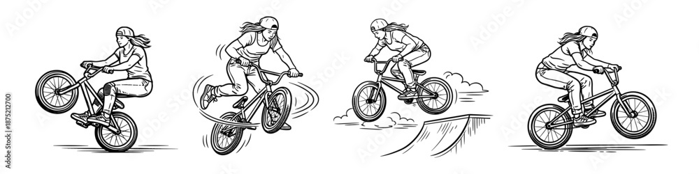 Fototapeta premium Illustration of four female BMX riders performing various tricks and stunts. The dynamic poses highlight skill, control, and the excitement of BMX freestyle biking.