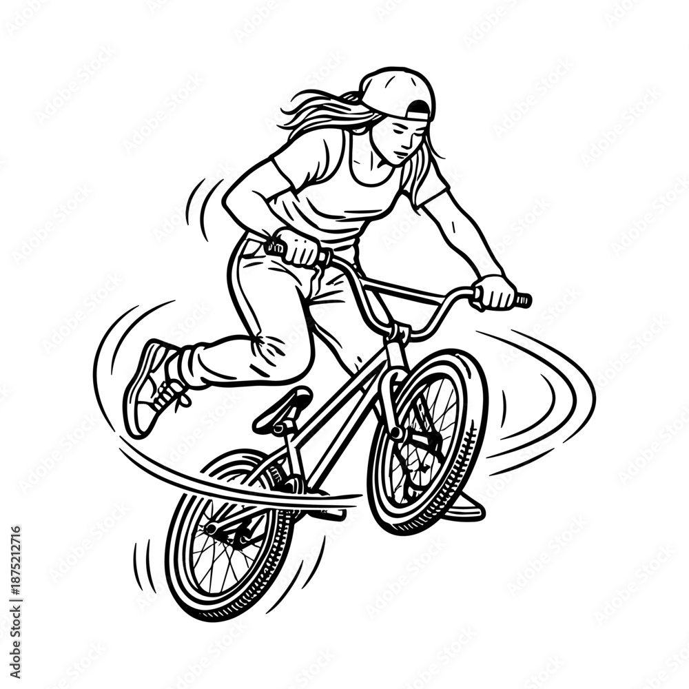 Obraz premium Illustration of a female BMX rider performing a dynamic trick on a freestyle bike. She is captured mid-air with one leg extended and the bike tilted, showcasing balance and control.