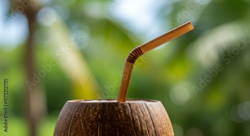 Brown Coconut Drink with Straw Tropical Summer Background