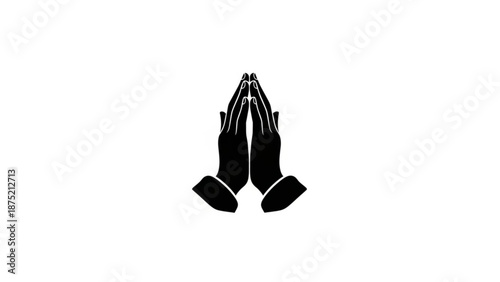 Praying hands in black silhouette with white accents on plain