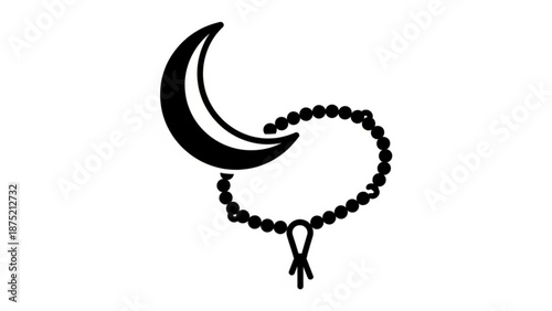 Crescent moon with black rosary beads on white background