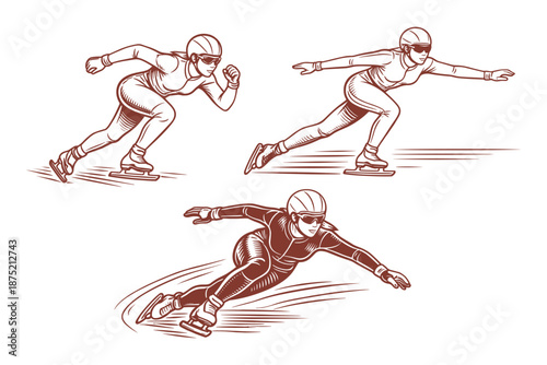 Illustration of three female speed skaters in action, each shown in a dynamic pose. Short track athletes