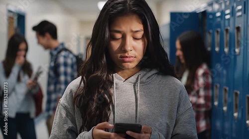 Bullying depression and stress for sad high school girl at the locker