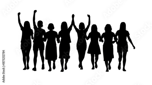 Group of women walking together in solidarity with raised arms