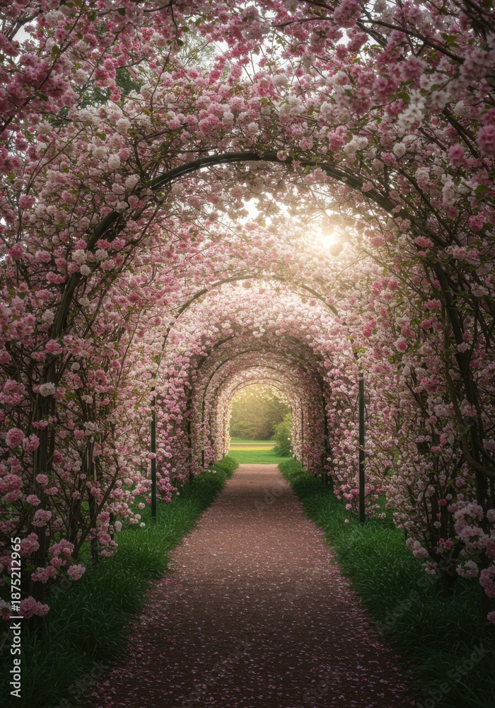 Fototapeta premium Pink Flower Archway Pathway in a Spring Garden