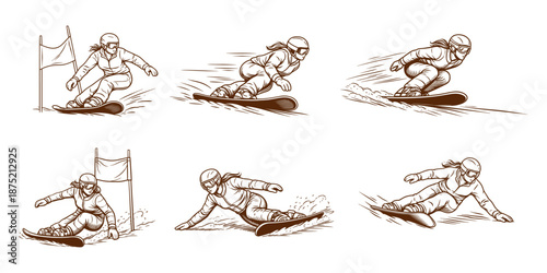 Female snowboarder in action during alpine snowboarding competition. High-speed turns, carving and control. Vector illustration.