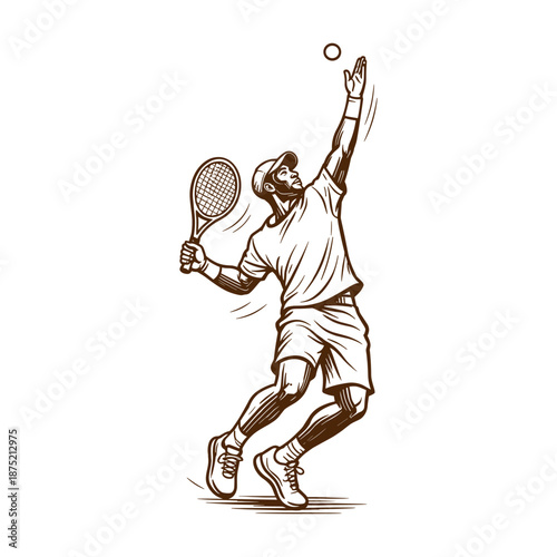 Male tennis player serving the ball during match. Dynamic motion, sports training and competition. Vector illustration.